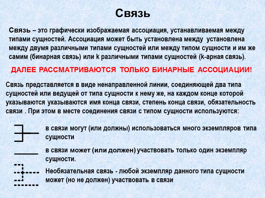 Связь Связь – это графически изображаемая ассоциация, устанавливаемая между типами сущностей. Ассоциация может быть